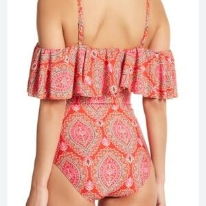ATHENA Cold Shoulder Ruffle One-Piece Swimsuit Sz 10 Pink Red Geomatric Prints